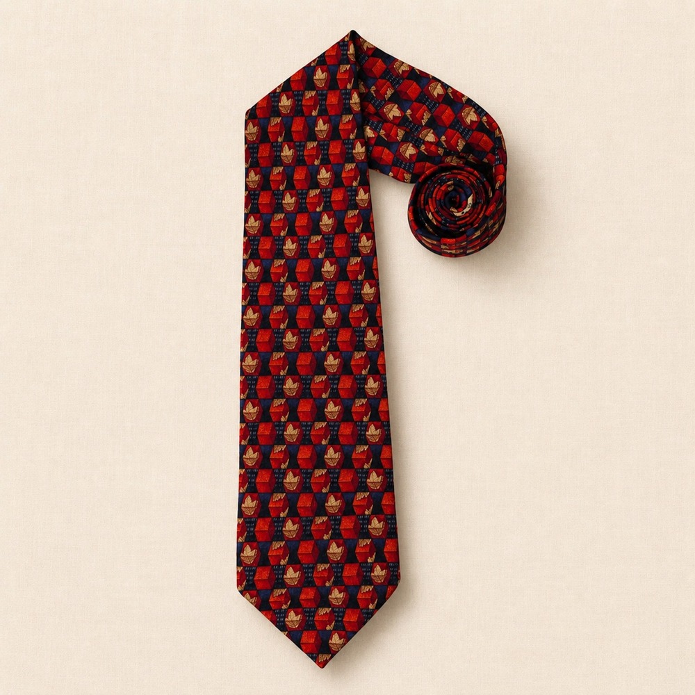 Ermenegildo Zegna Silk Necktie Geometric Cube Leaf Red Blue Gold Made Italy OS